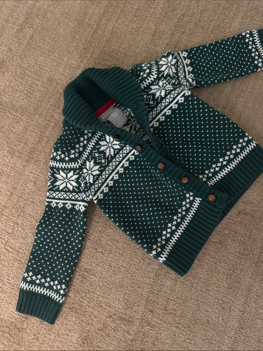 12M Christmas sweater Cowl neck Green Fair Isle Cardigan